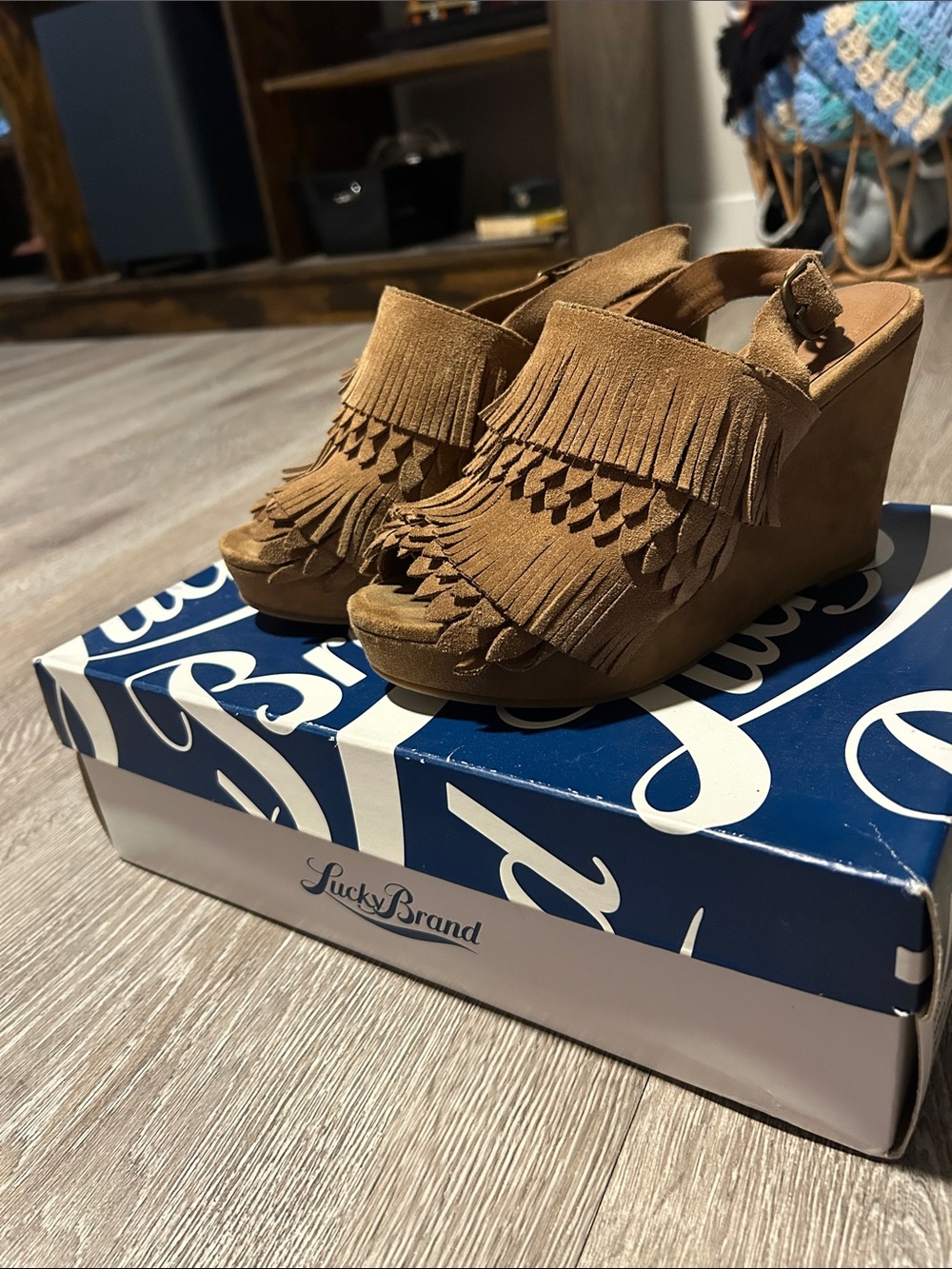 Lucky Brand Brown Suede Fringe Wedge Sandals